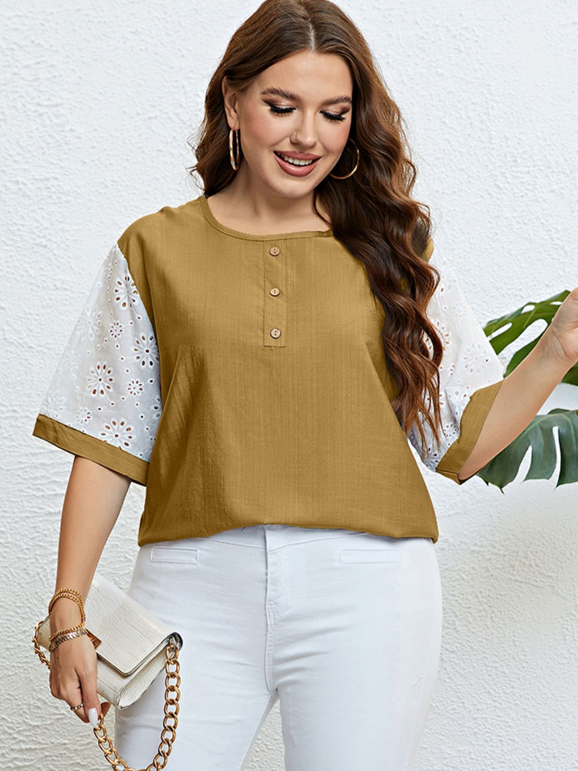 Plus Size Contrast Decorative Button Half Sleeve Top-Jewearrings