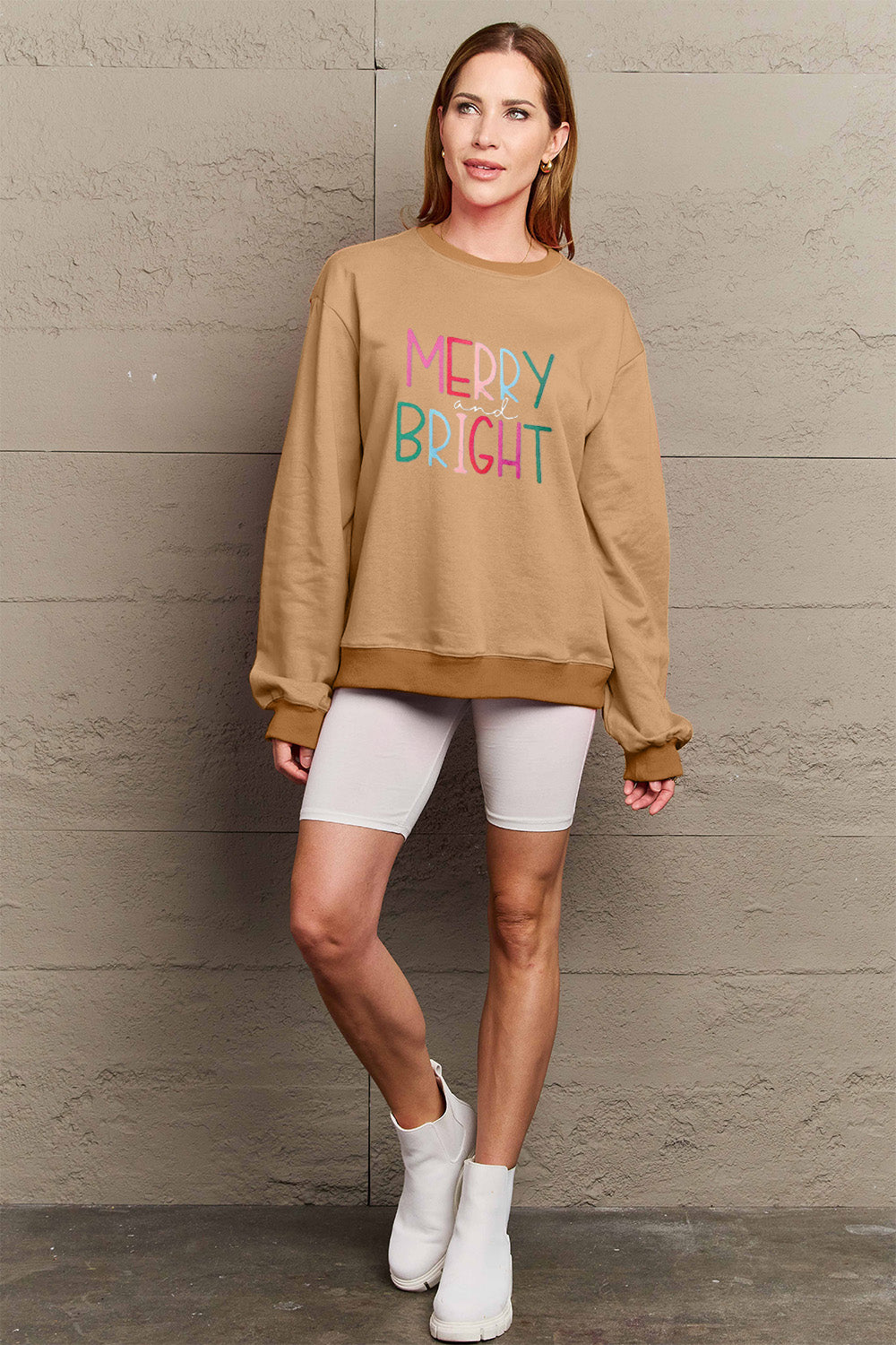 Simply Love Full Size MERRY AND BRIGHT Graphic Sweatshirt-Jewearrings