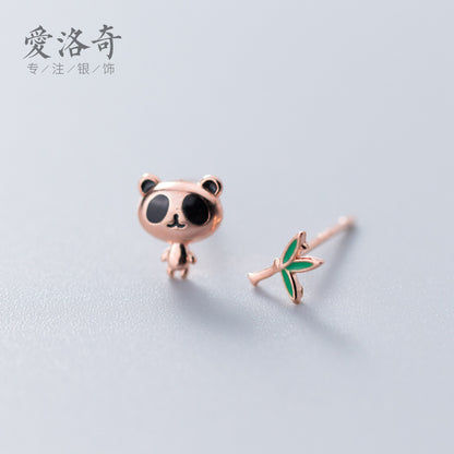 S925 Silver Stud Earrings For Women Japanese And Korean Style Cute Fashion Panda Stud Earrings Asymmetric Sweet Bamboo Ear Rings E9972-Jewearrings