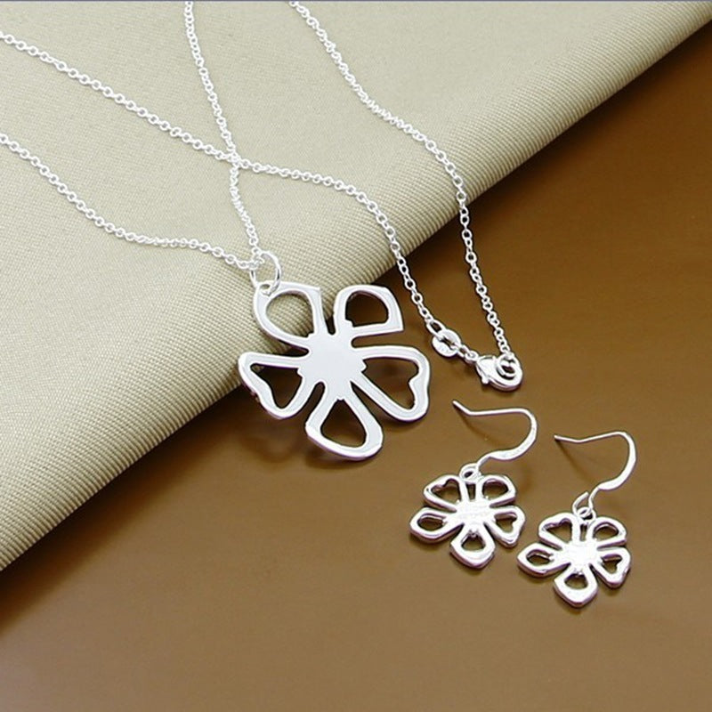 Silver Plated Five Leaf Flower Necklace Earrings Set-Jewearrings