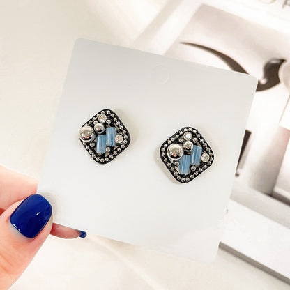 Korean Retro Court Style Rhinestone Square Geometric Stud Earrings-Jewearrings