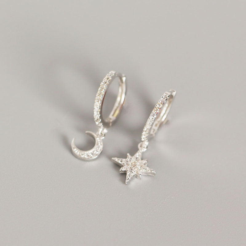 S925 Sterling Silver Star And Moon Asymmetrical Earrings-Jewearrings