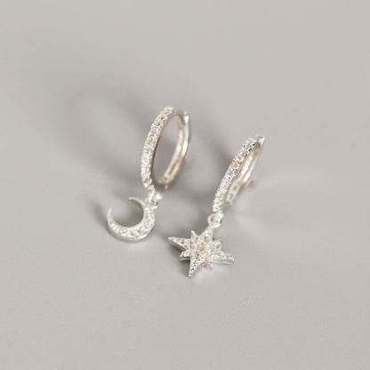 S925 Sterling Silver Star And Moon Asymmetrical Earrings-Jewearrings