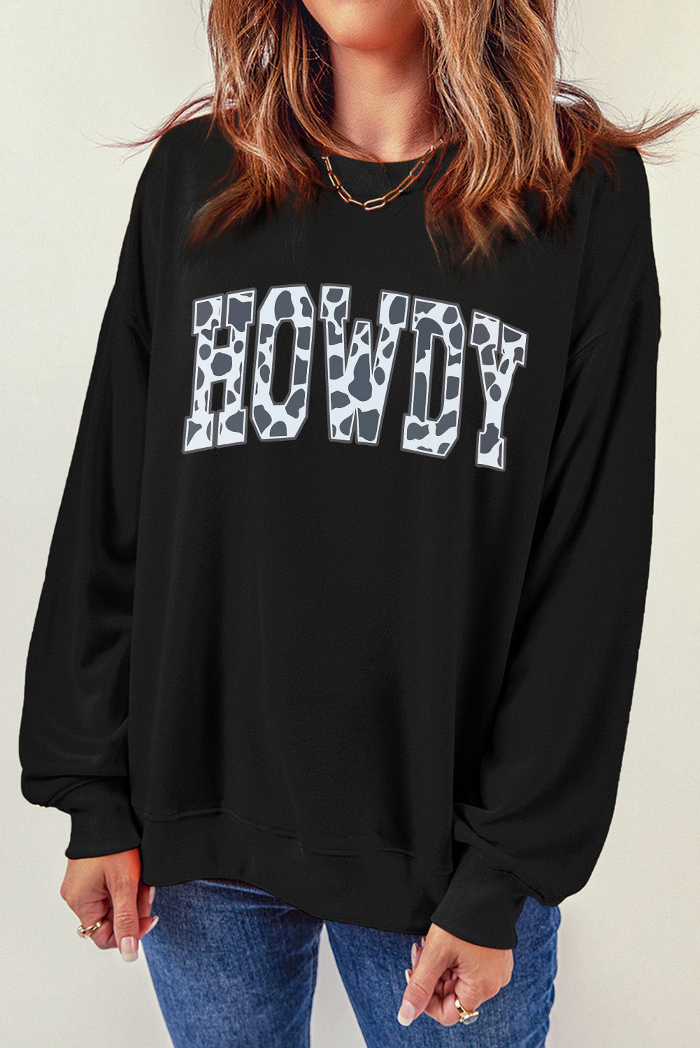 Round Neck Long Sleeve Howdy Graphic Sweatshirt-Jewearrings