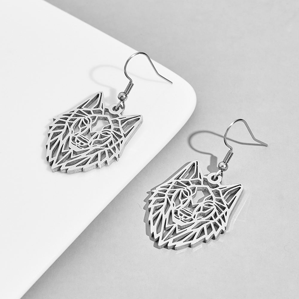 Hollow Wolf Head Silver Stainless Steel Dangle Earrings For Women-Jewearrings