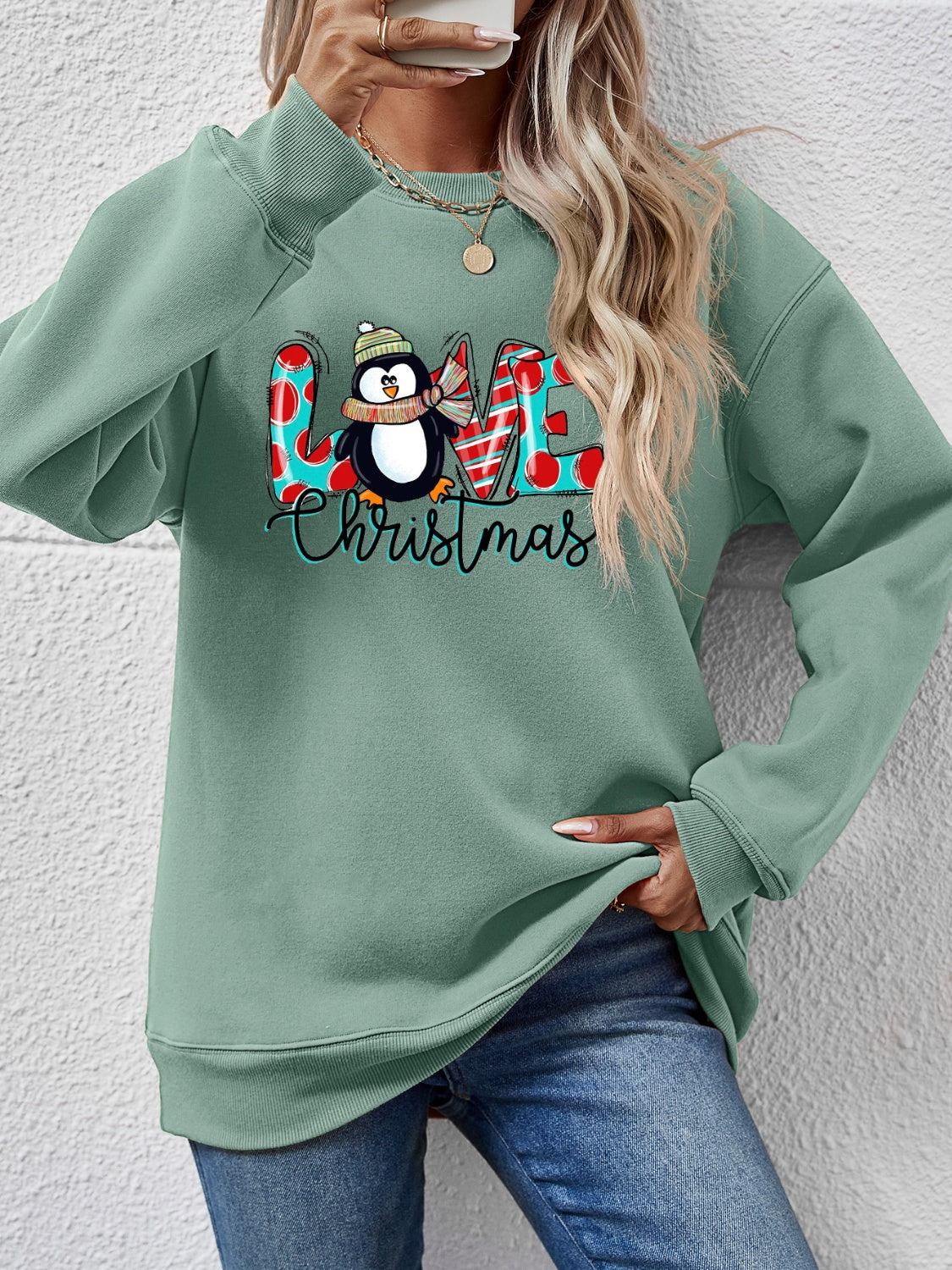 LIVE CHRISTMAS Drop Shoulder Round Neck Sweatshirt-Jewearrings