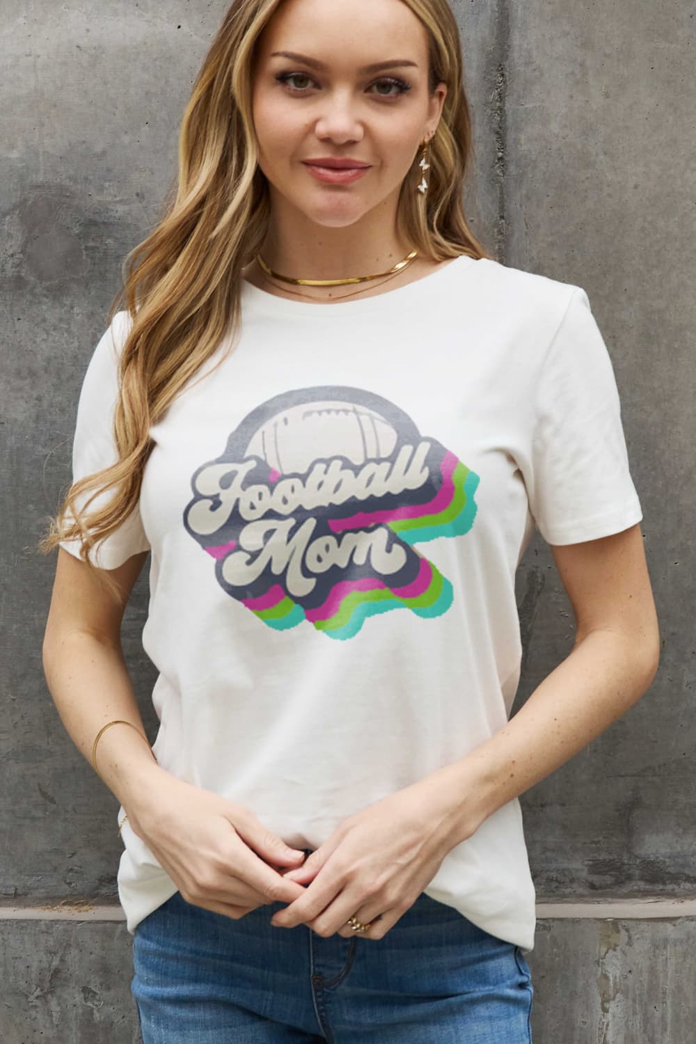 Simply Love Full Size FOOTBALL MOM Graphic Cotton Tee-Jewearrings