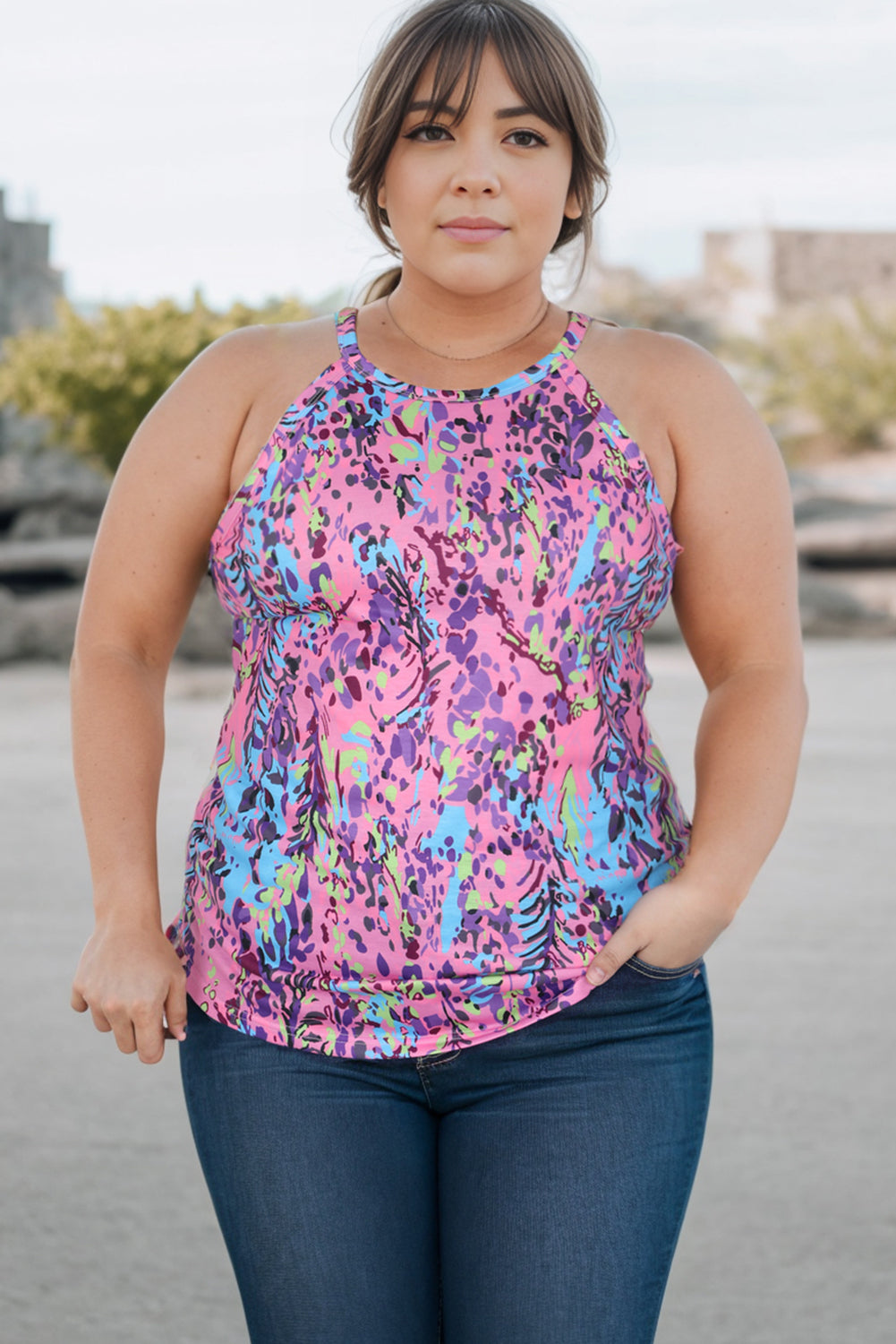 Plus Size Printed Round Neck Sleeveless Tank Top-Jewearrings