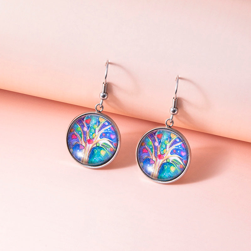 Tree Of Life Dangle Earrings Art Painting Picture Glass Dome Pendant Earrings For Women Girls-Jewearrings