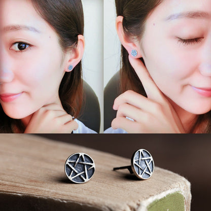 Sterling Silver Pentagram Vintage Personality Stud Earrings-Jewearrings