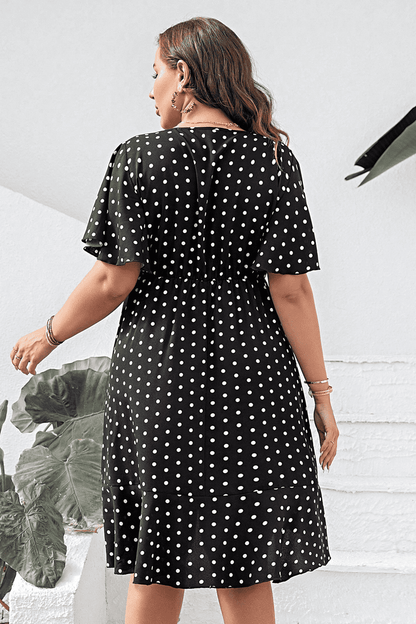 Plus Size Polka Dot Flutter Sleeve Dress-Jewearrings