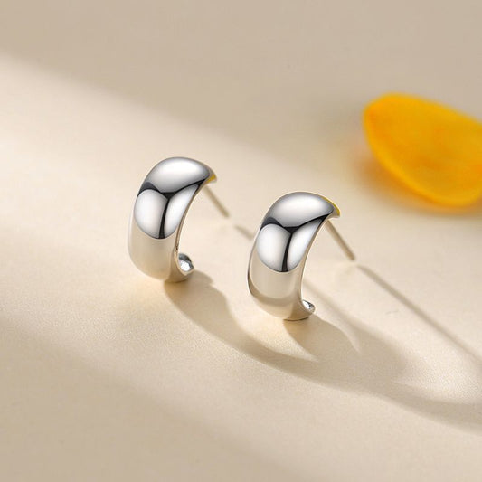 S925 Sterling Silver Glossy C-Shaped Stud Earrings-Jewearrings