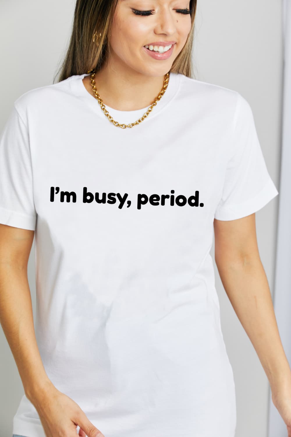 Simply Love I'M BUSY, PERIOD Graphic Cotton T-Shirt-Jewearrings