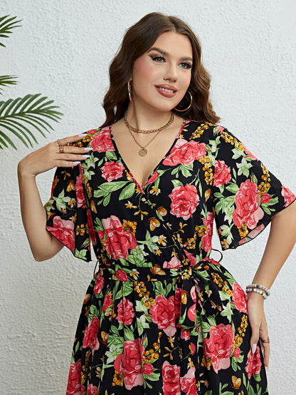 Plus Size Floral Tie Belt Surplice Dress-Jewearrings