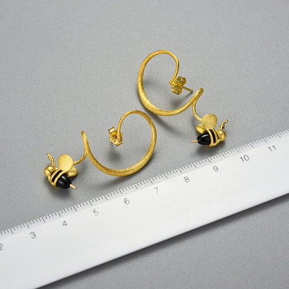 Insect Design Geometric Curve Bee Sterling Silver Earrings-Jewearrings