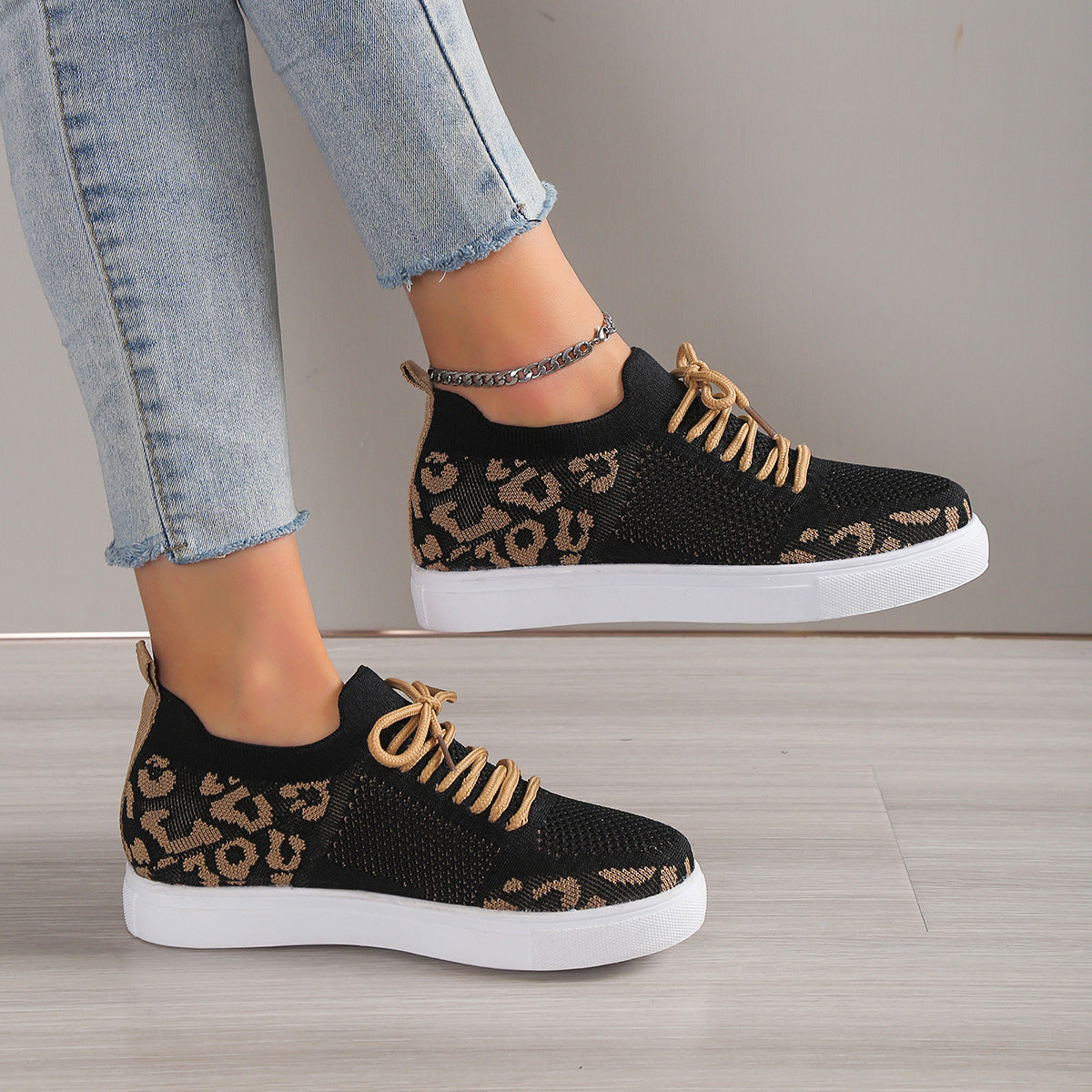 Lace-Up Leopard Flat Sneakers-Jewearrings