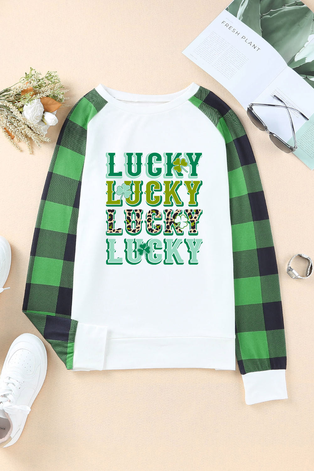 LUCKY Plaid Round Neck Raglan Sleeve T-Shirt-Jewearrings