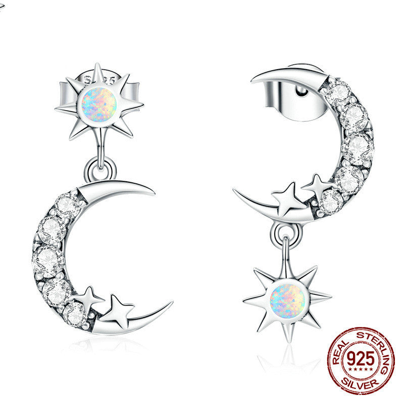 Star And Moon Silver Opal Stud Earrings-Jewearrings