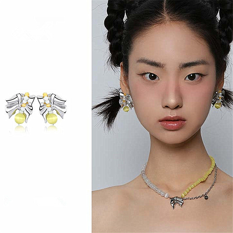 Silver Needle Cat's Eye Bow Earrings Korea-Jewearrings