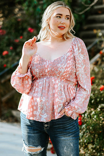 Plus Size Floral Smocked Flounce Sleeve Blouse-Jewearrings