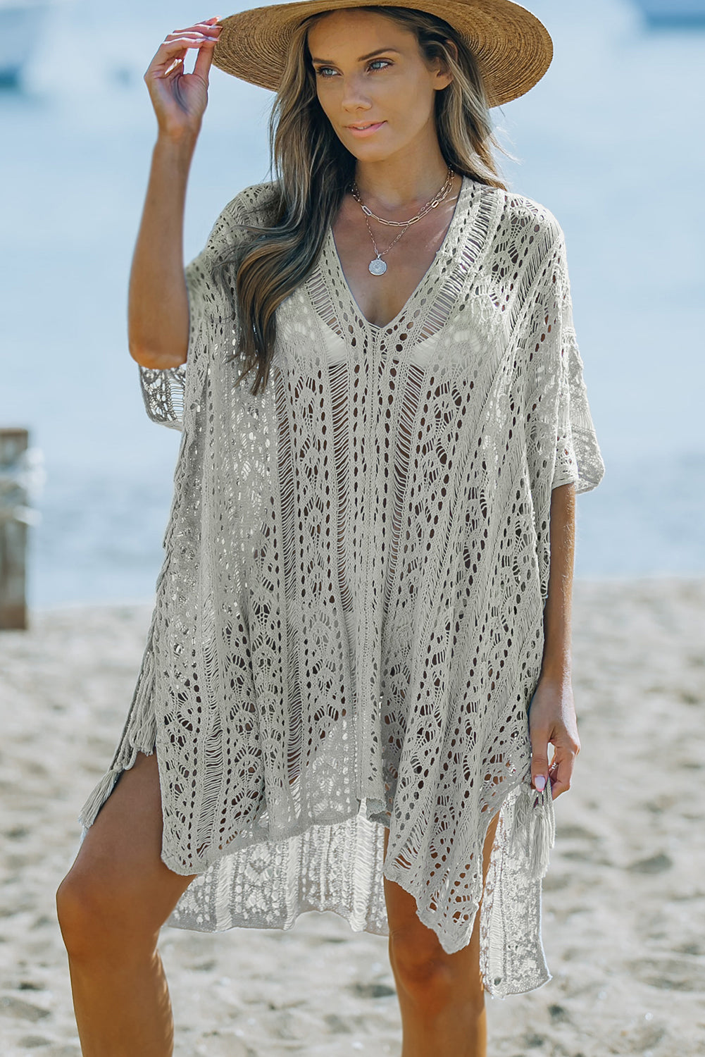 Openwork V-Neck Slit Cover Up-Jewearrings