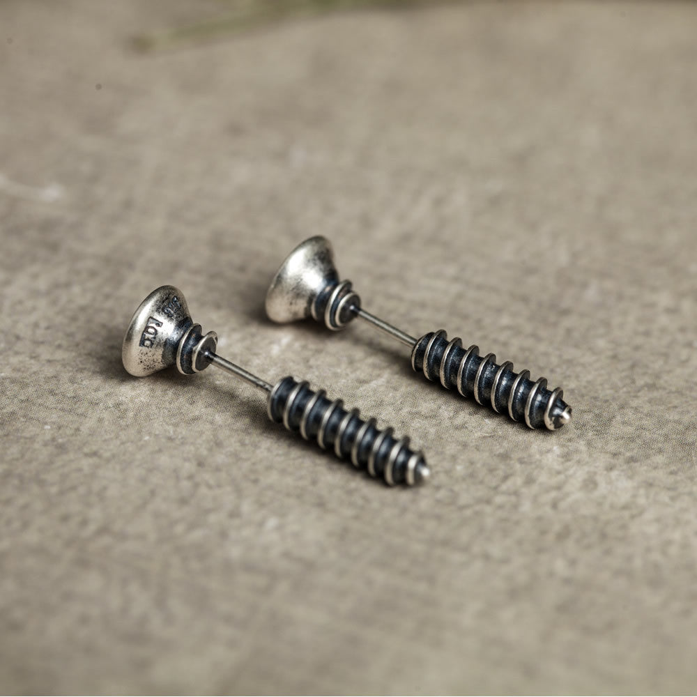 Thai Silver Punk Hip Hop Style Street Screw Stud Earrings-Jewearrings