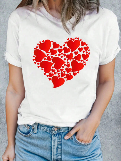 Heart Round Neck Short Sleeve T-Shirt-Jewearrings