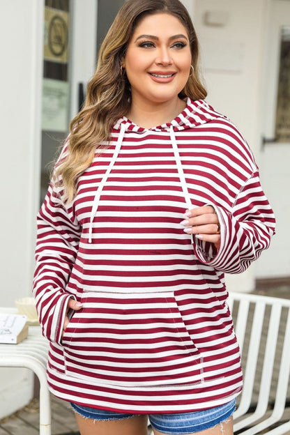 Plus Size Drawstring Striped Dropped Shoulder Hoodie-Jewearrings