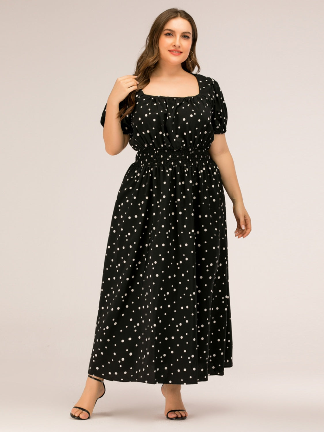 Plus Size Polka Dot Square Neck Dress-Jewearrings