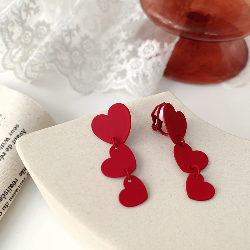 Wine Red Love Baking Varnish Bow Silver Needle Earrings-Jewearrings