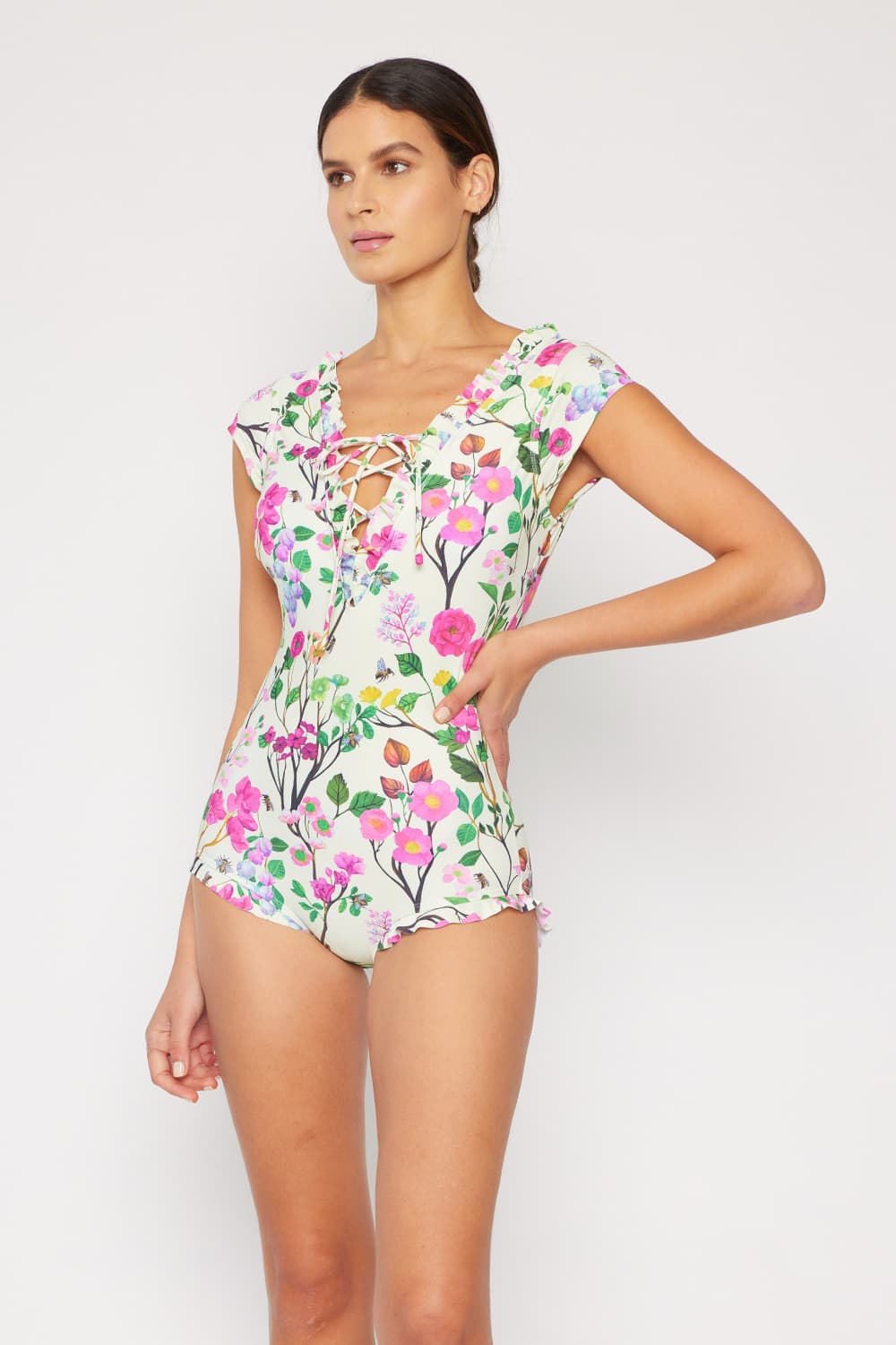 Marina West Swim Bring Me Flowers V-Neck One Piece Swimsuit Cherry Blossom Cream-Jewearrings