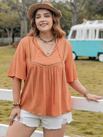 Plus Size Ruched Tie Neck Half Sleeve Blouse-Jewearrings