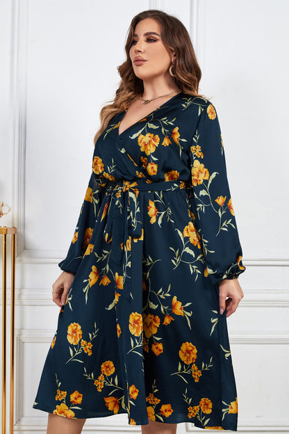 Melo Apparel Plus Size Floral Print Surplice Neck Midi Dress-Jewearrings