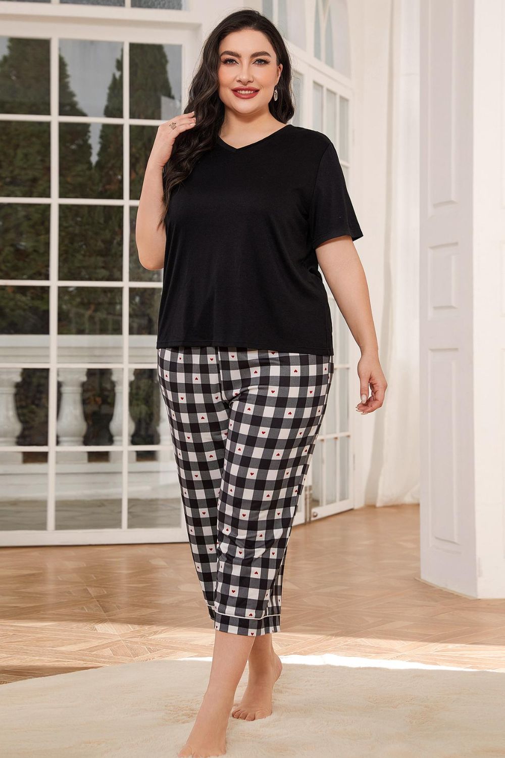 V-Neck Tee and Plaid Cropped Pants Lounge Set-Jewearrings