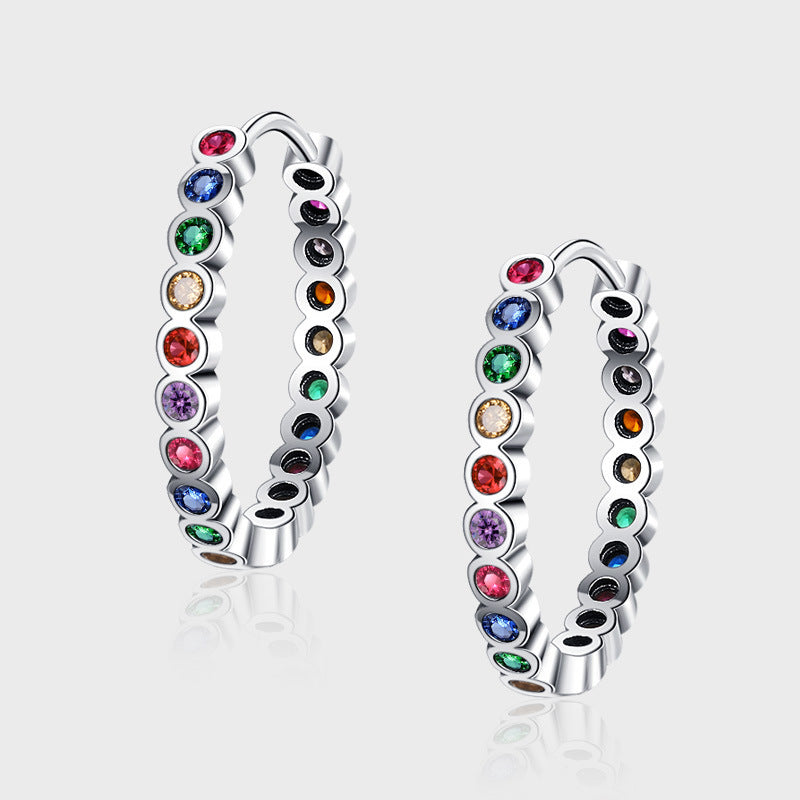 S925 Sterling Silver Large Circle Colorful Zircon Earrings Female-Jewearrings