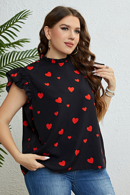 Plus Size Heart Print Butterfly Sleeve Mock Neck Top-Jewearrings