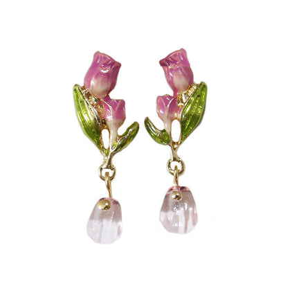 Enamel Dripping Tulip Sterling Silver Needle Earrings-Jewearrings