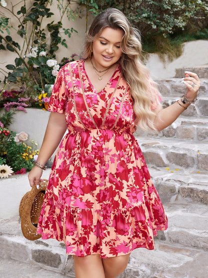 Plus Size Printed V-Neck Flutter Sleeve Dress-Jewearrings