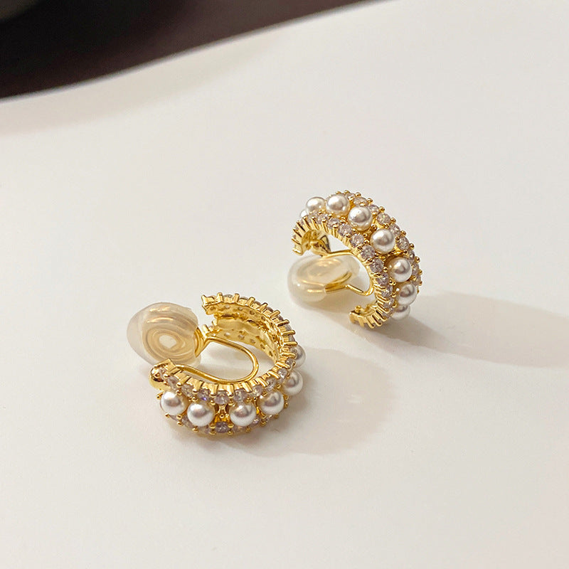 Vintage C- Shaped Gold-plated Zircon Pearl Earrings-Jewearrings