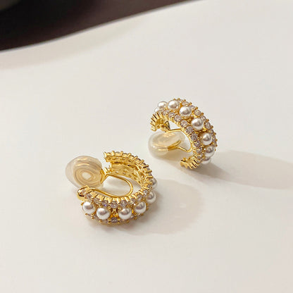 Vintage C- Shaped Gold-plated Zircon Pearl Earrings-Jewearrings