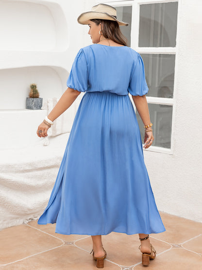 Plus Size Slit V-Neck Short Sleeve Dress-Jewearrings