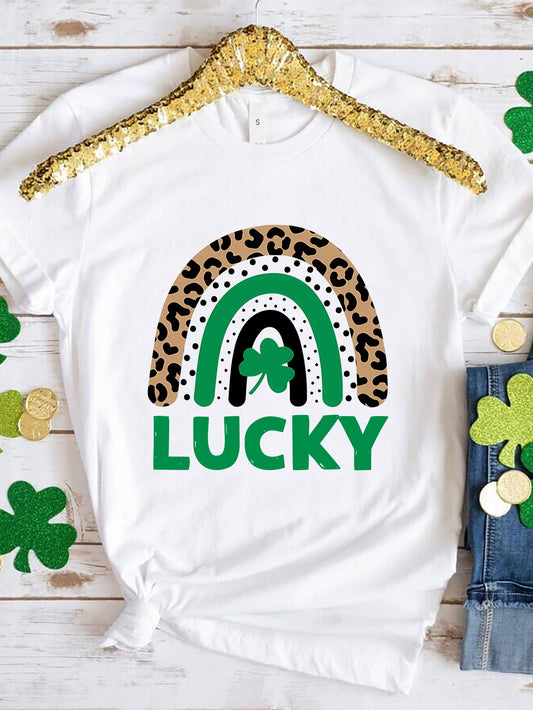 LUCKY Round Neck Short Sleeve T-Shirt-Jewearrings