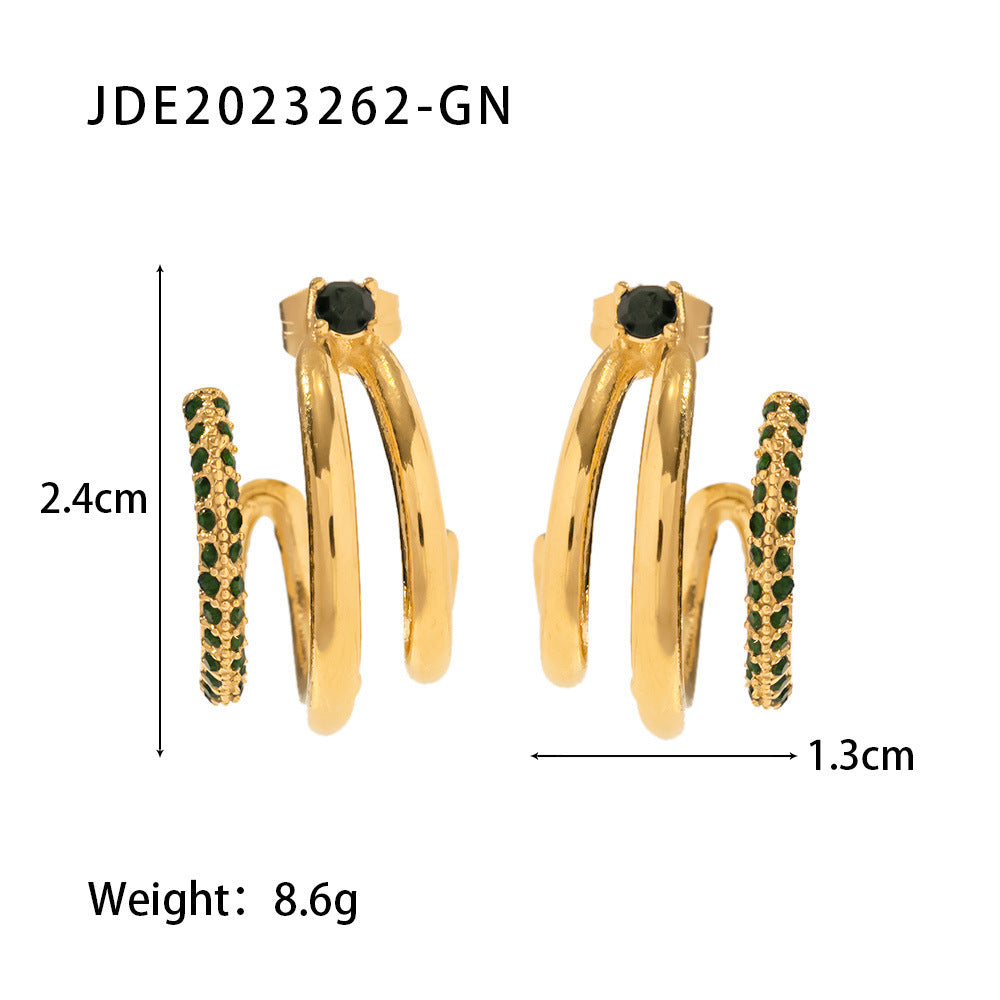 INS All-match Fashion Earrings 18K Gold-plated Stainless Steel Three-layer Greenwhite Cubic Zirconia Geometric Ear Studs-Jewearrings