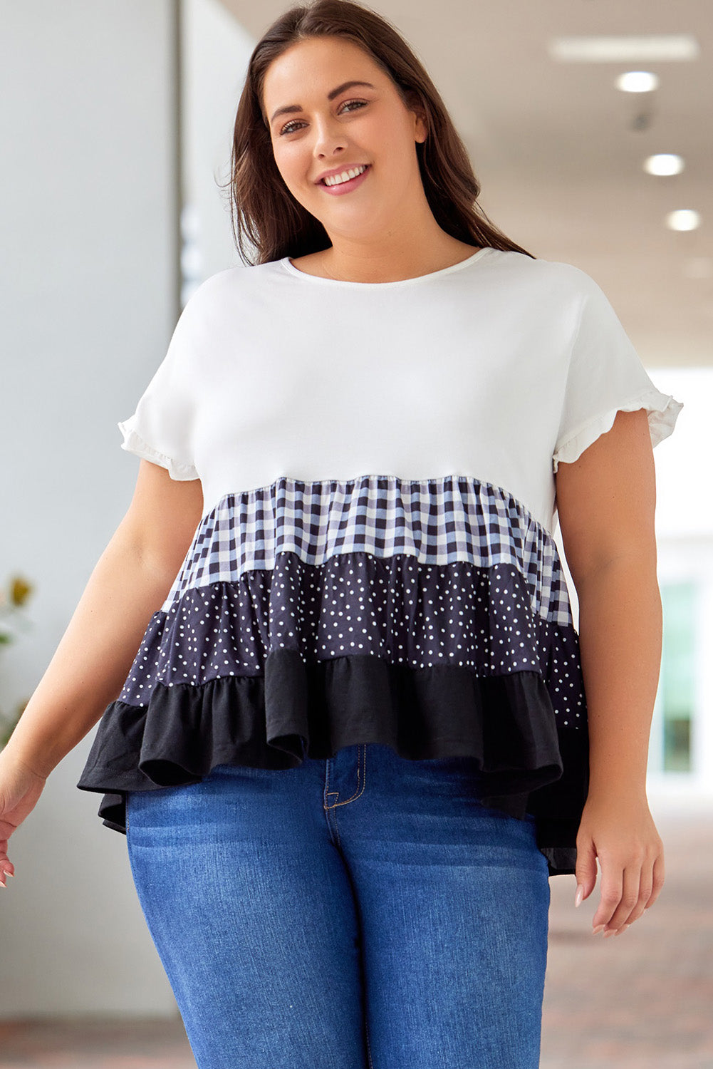 Plus Size Plaid Color Block Tiered Blouse-Jewearrings