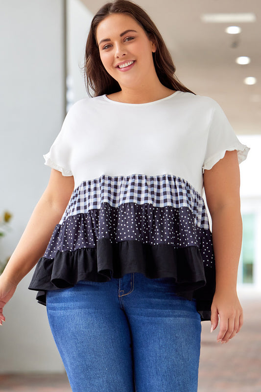 Plus Size Plaid Color Block Tiered Blouse-Jewearrings