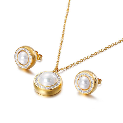 Two-piece Pearl Pendant Set With Diamonds And Earrings-Jewearrings