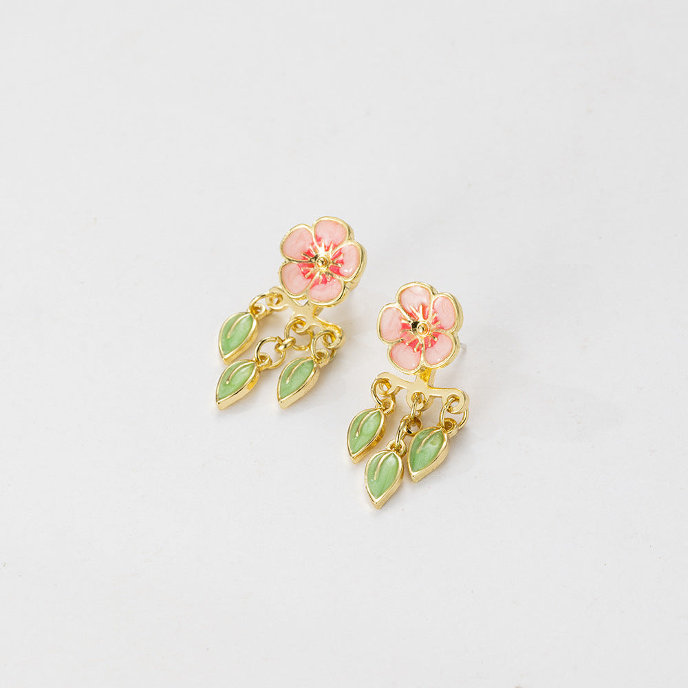 Special-interest Design Drop Oil Peach Blossom Leaf-shapepd Stud Earrings-Jewearrings