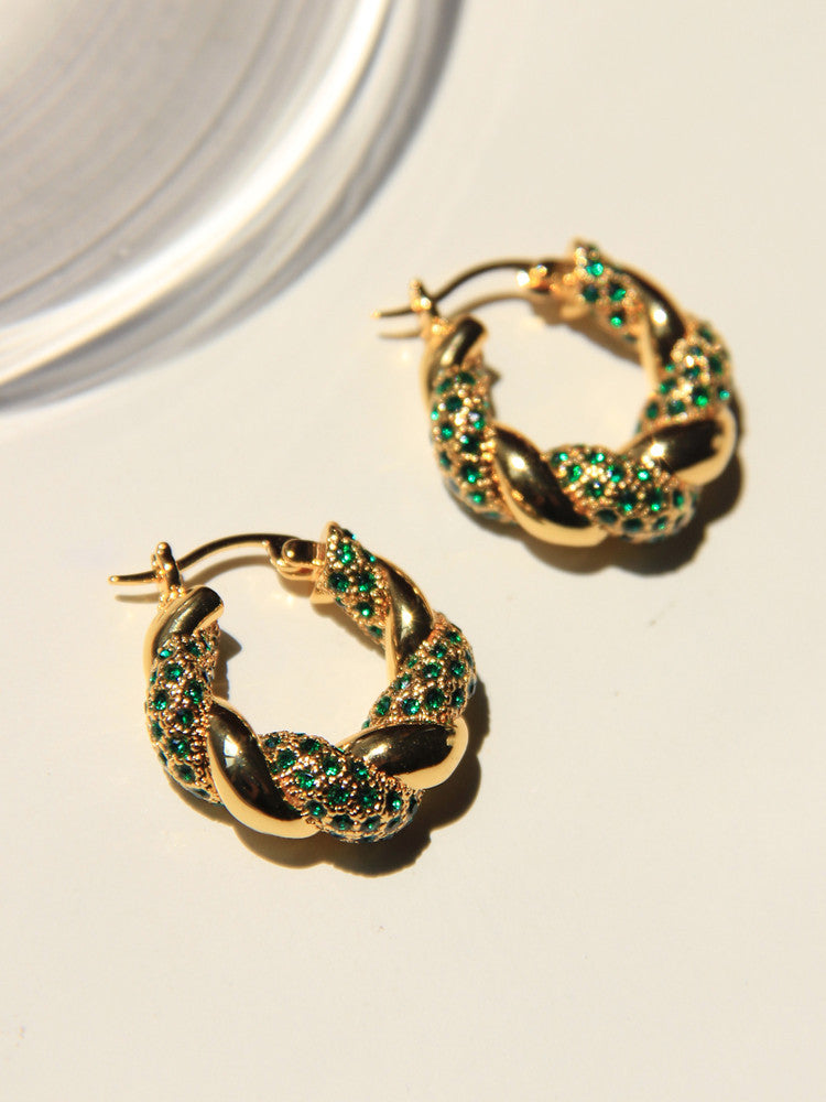 Twisted Twist Inlaid With Rhinestones And Gold-plated Green Circle Earrings-Jewearrings