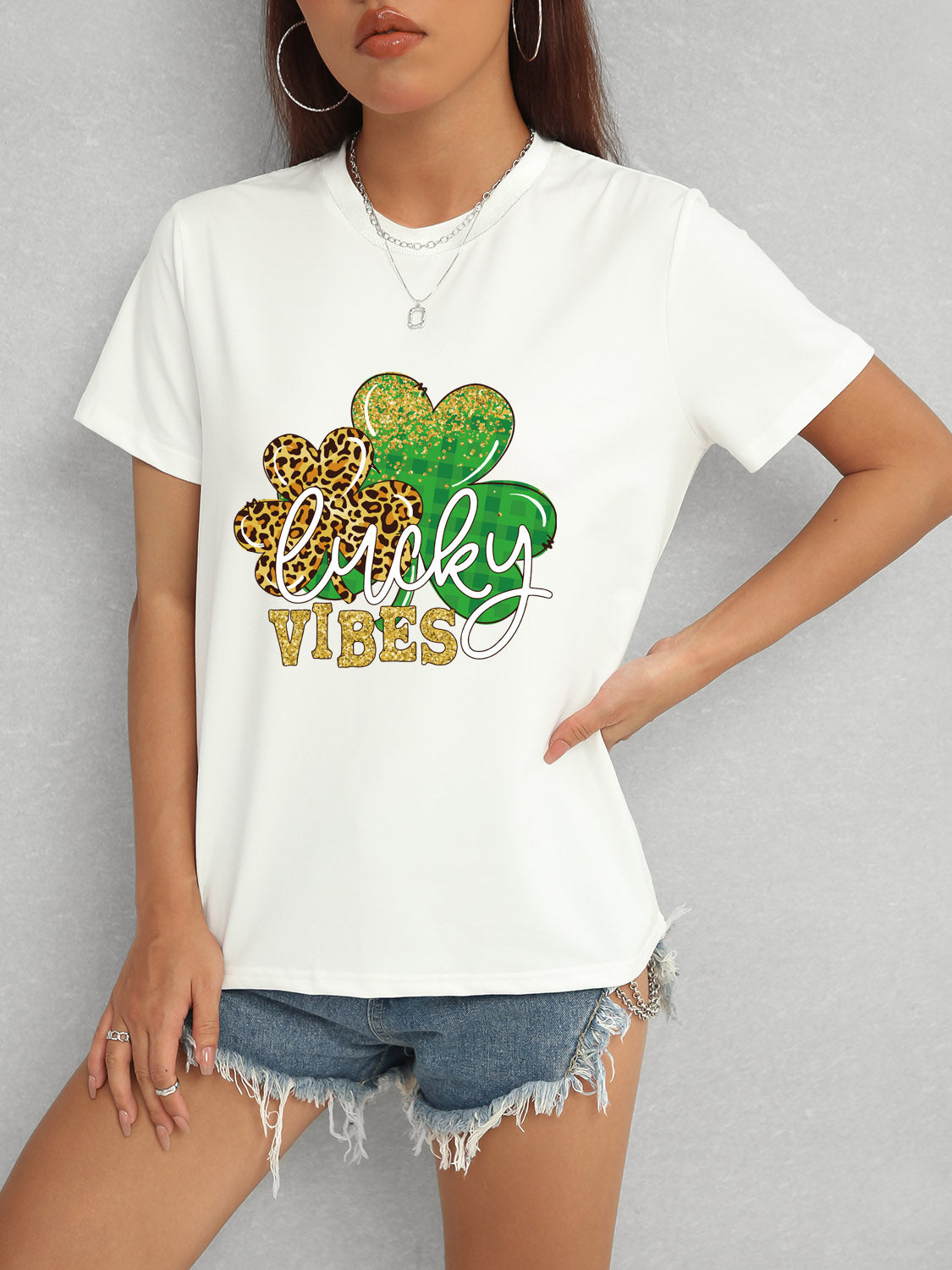 LUCKY VIBES Round Neck Short Sleeve T-Shirt-Jewearrings