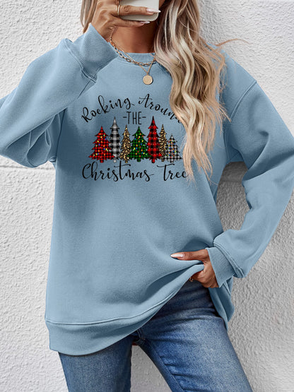 Christmas Tree Graphic Round Neck Sweatshirt-Jewearrings